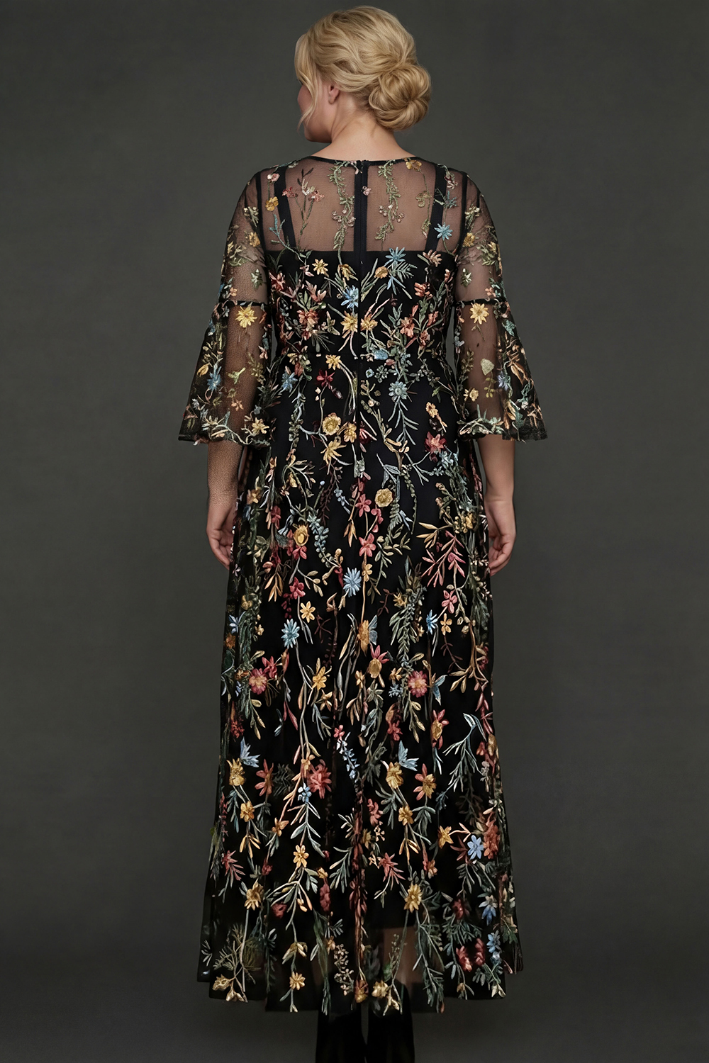 A Line Mauve Floral Embroidered Plus Size Long Prom Dress with Flutter Sleeves