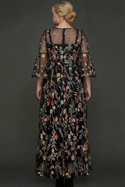 A Line Mauve Floral Embroidered Plus Size Long Prom Dress with Flutter Sleeves