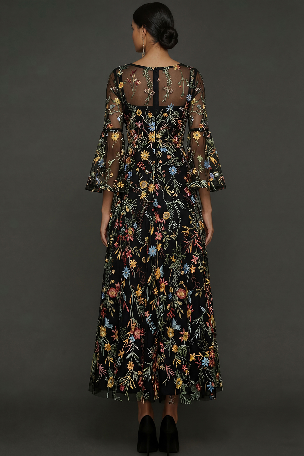 Mauve Floral A Line Embroidered Flutter Sleeves Long Prom Dress