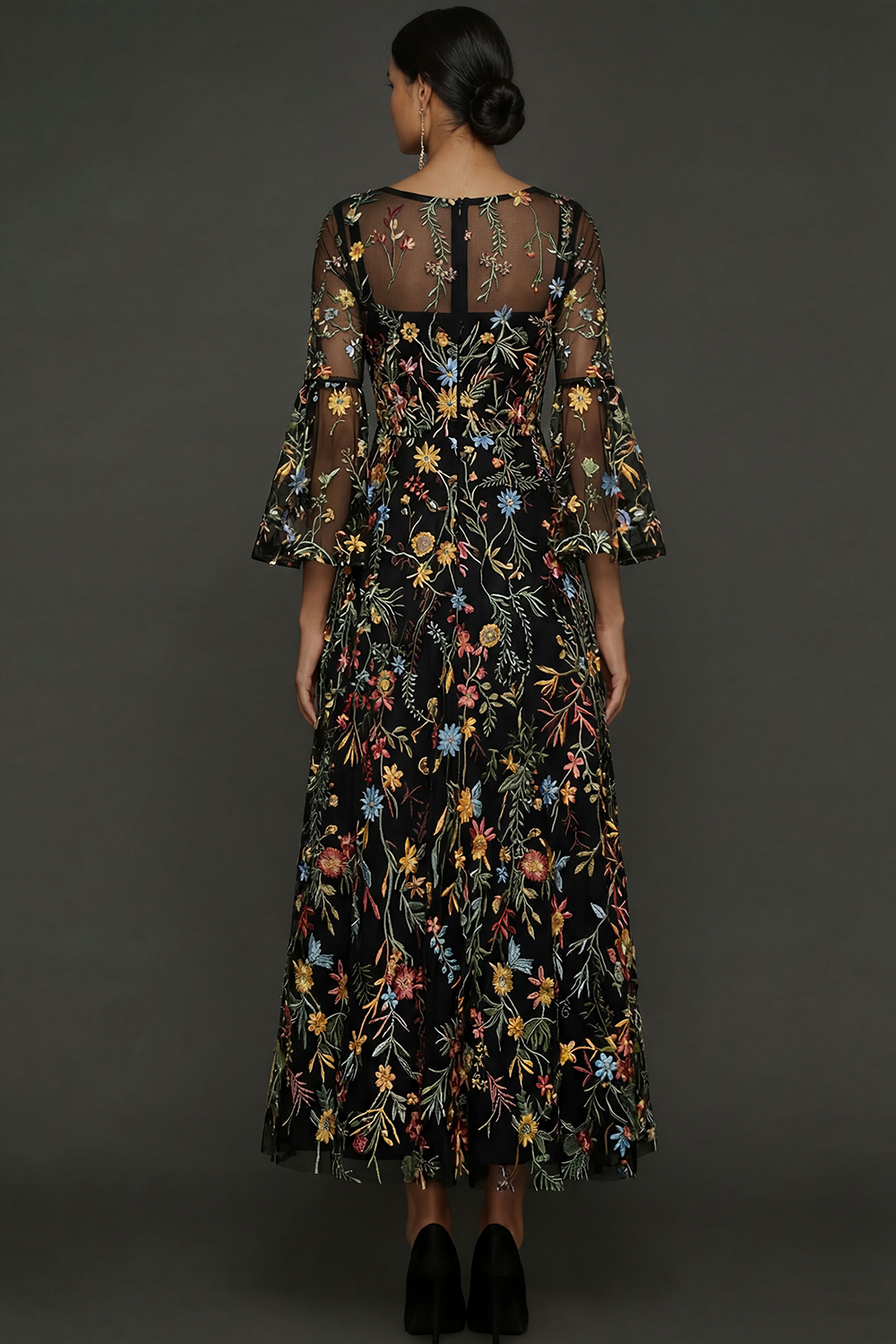 Mauve Floral A Line Embroidered Flutter Sleeves Long Prom Dress