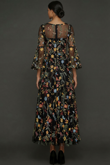 Mauve Floral A Line Embroidered Flutter Sleeves Long Prom Dress