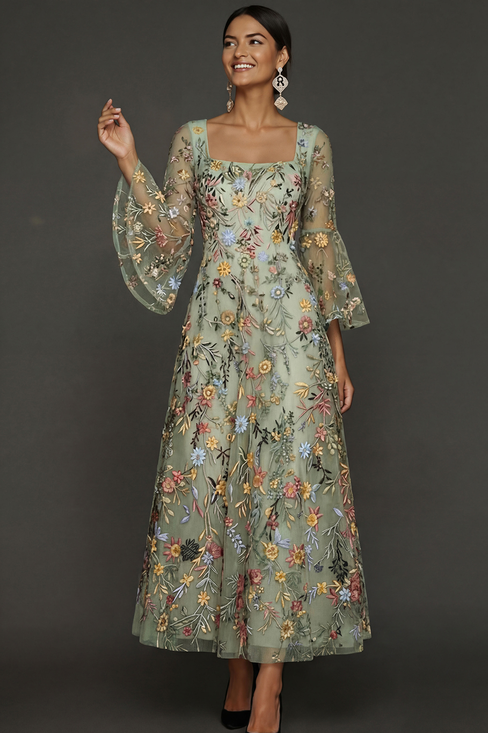 Mauve Floral A Line Embroidered Flutter Sleeves Long Prom Dress
