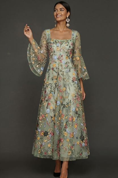 Mauve Floral A Line Embroidered Flutter Sleeves Long Prom Dress