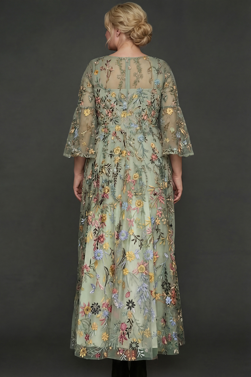 A Line Mauve Floral Embroidered Plus Size Long Prom Dress with Flutter Sleeves