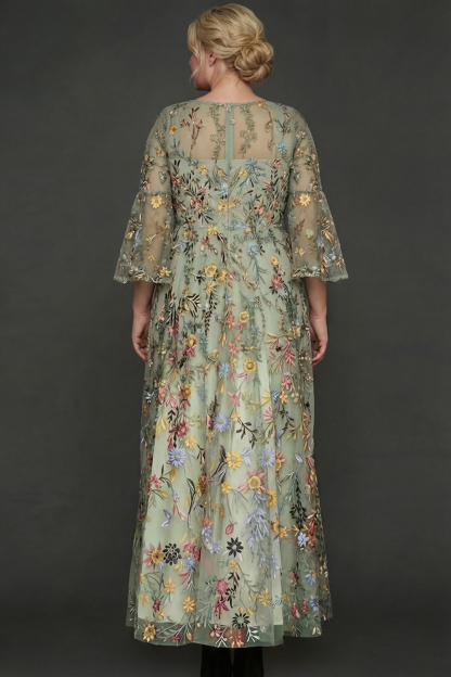 A Line Mauve Floral Embroidered Plus Size Long Prom Dress with Flutter Sleeves