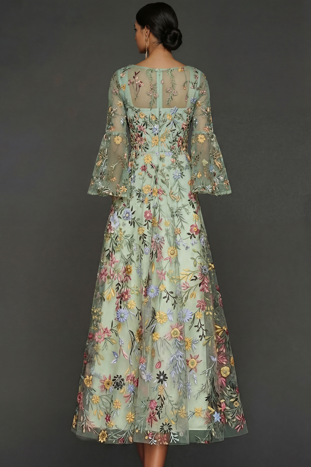 Mauve Floral A Line Embroidered Flutter Sleeves Long Prom Dress