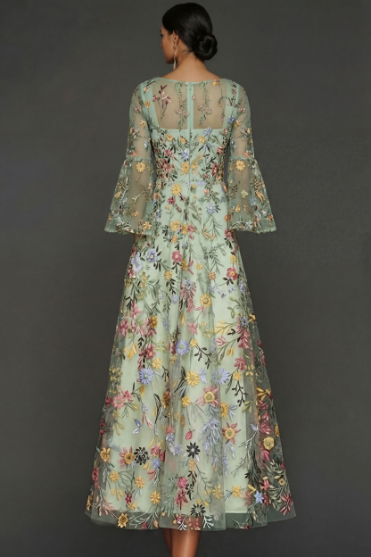 Mauve Floral A Line Embroidered Flutter Sleeves Long Prom Dress