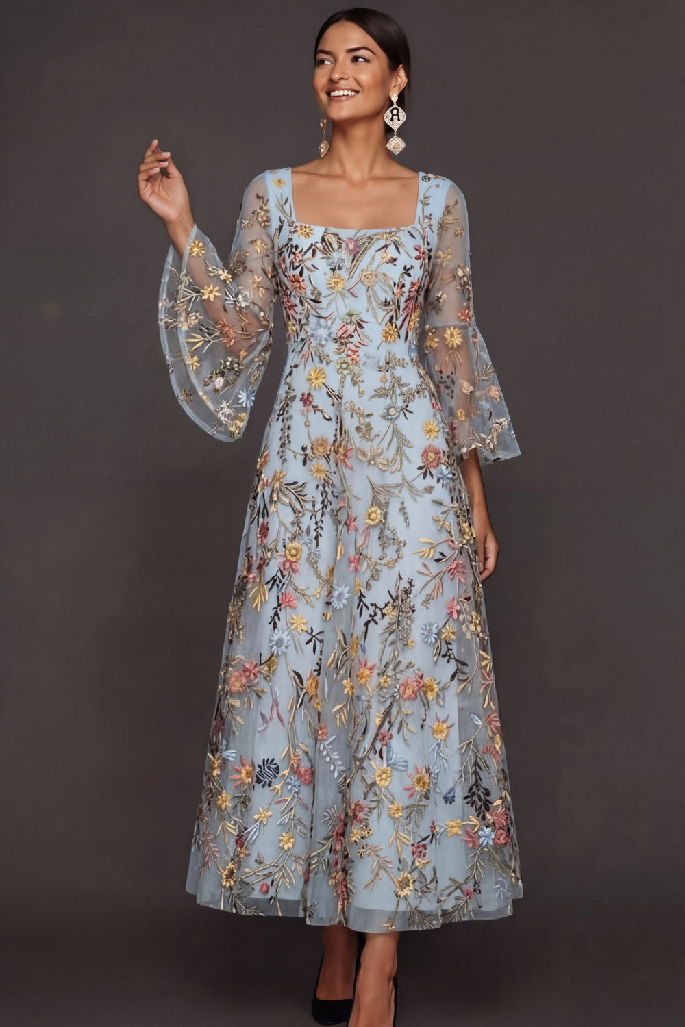 Leely Women Light Blue Floral Long Prom Dress Embroidered Square Neck Flutter Sleeves A Line Wedding Guest Dress Garden Party Dress