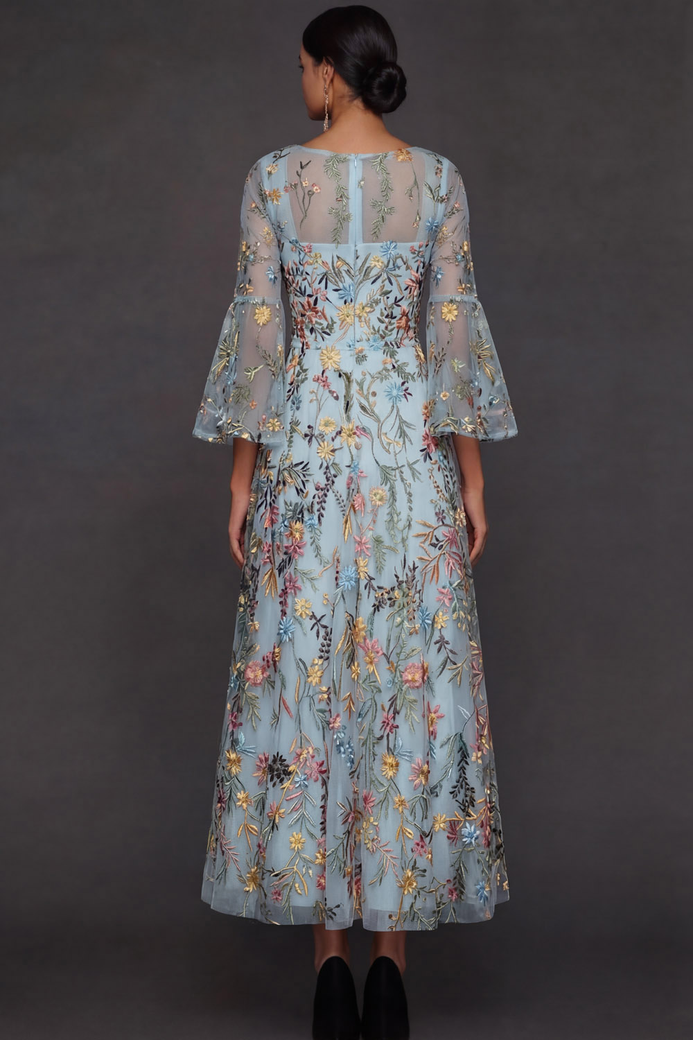 Mauve Floral A Line Embroidered Flutter Sleeves Long Prom Dress