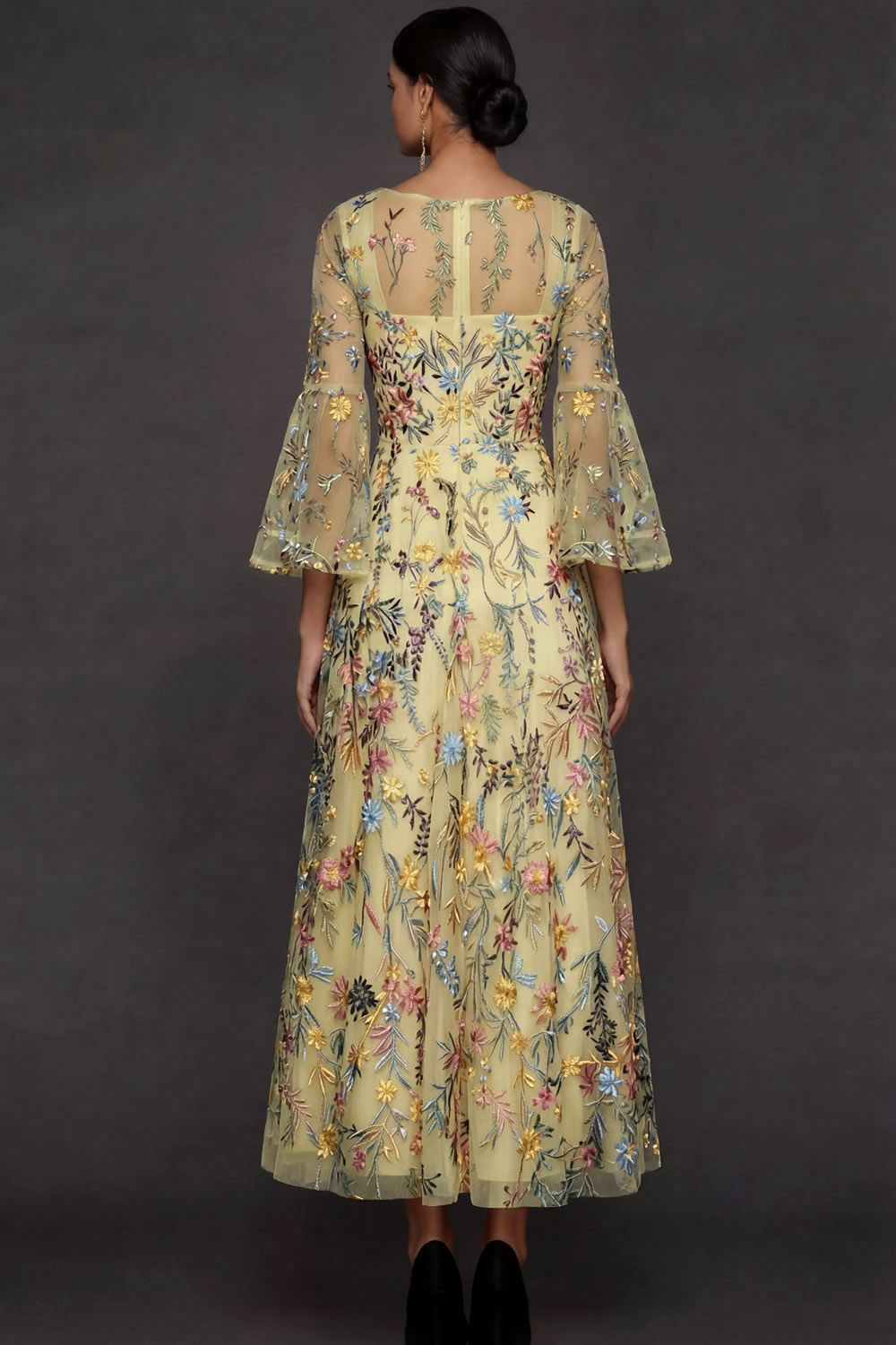 Mauve Floral A Line Embroidered Flutter Sleeves Long Prom Dress