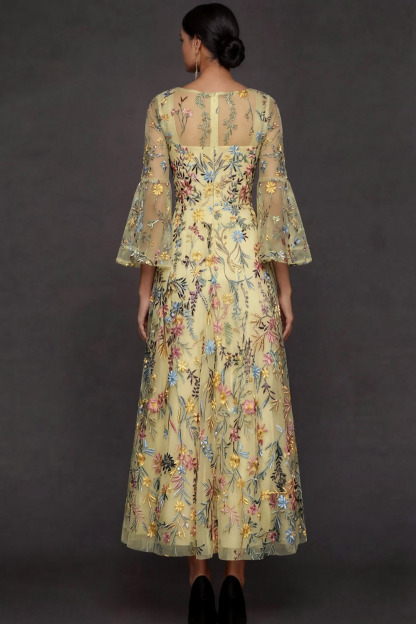 Mauve Floral A Line Embroidered Flutter Sleeves Long Prom Dress