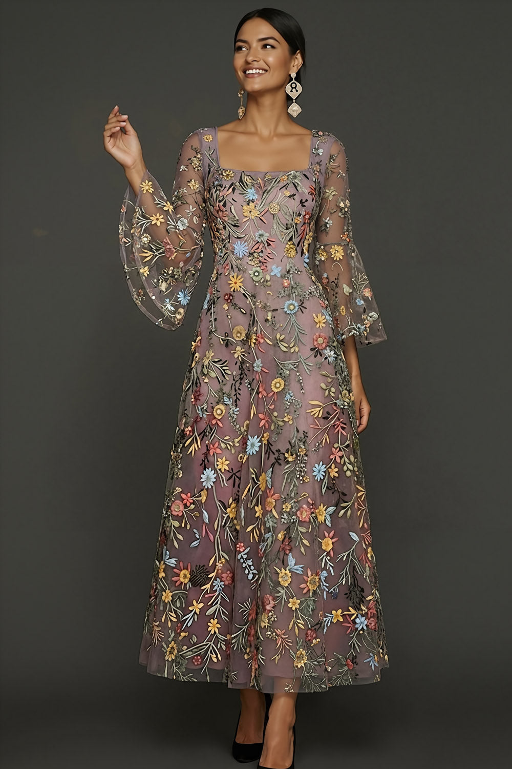 Mauve Floral A Line Embroidered Flutter Sleeves Long Prom Dress