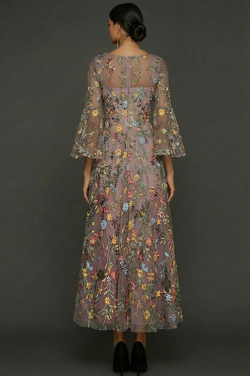 Mauve Floral A Line Embroidered Flutter Sleeves Long Prom Dress