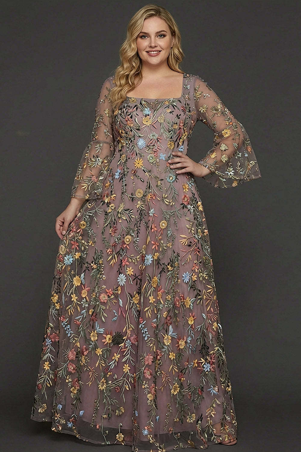A Line Mauve Floral Embroidered Plus Size Long Prom Dress with Flutter Sleeves
