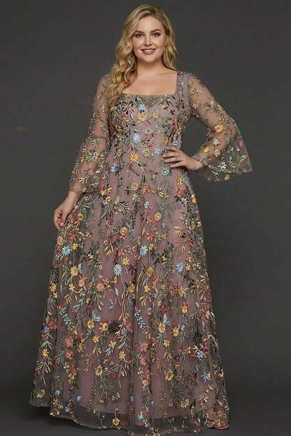 A Line Mauve Floral Embroidered Plus Size Long Prom Dress with Flutter Sleeves