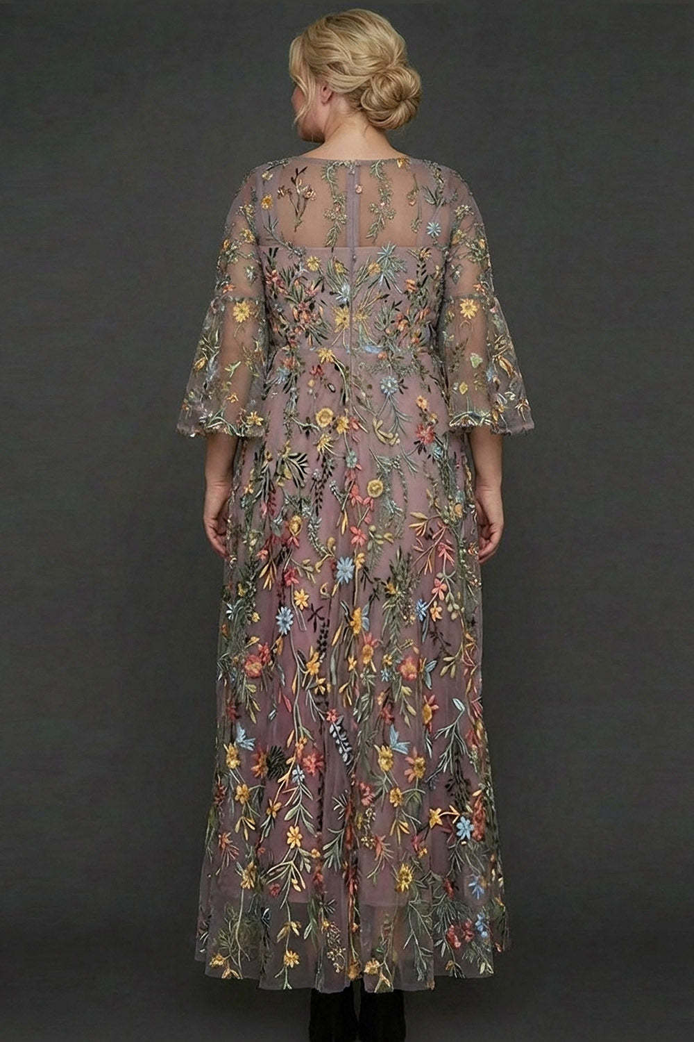 A Line Mauve Floral Embroidered Plus Size Long Prom Dress with Flutter Sleeves