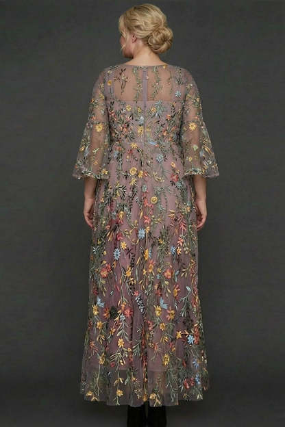 A Line Mauve Floral Embroidered Plus Size Long Prom Dress with Flutter Sleeves