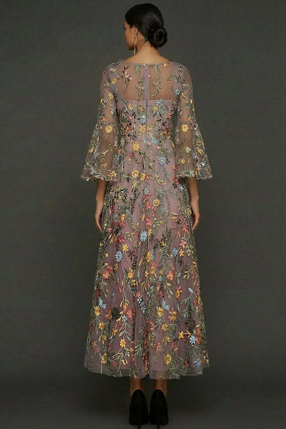 Mauve Floral A Line Embroidered Flutter Sleeves Long Prom Dress