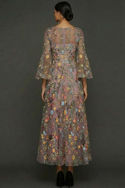 Mauve Floral A Line Embroidered Flutter Sleeves Long Prom Dress