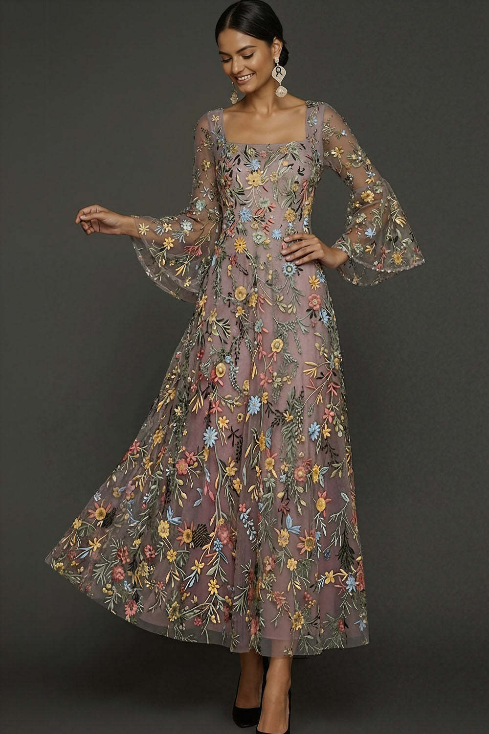 Mauve Floral A Line Embroidered Flutter Sleeves Long Prom Dress
