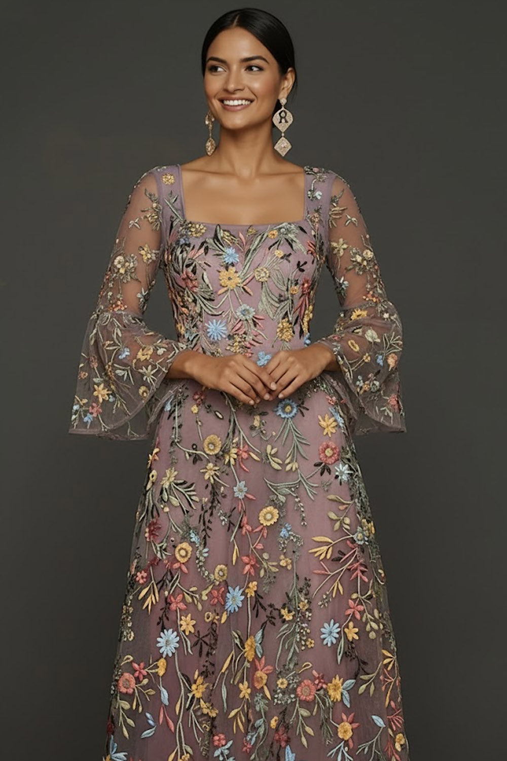 Mauve Floral A Line Embroidered Flutter Sleeves Long Prom Dress