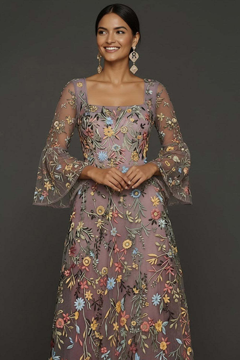 Mauve Floral A Line Embroidered Flutter Sleeves Long Prom Dress