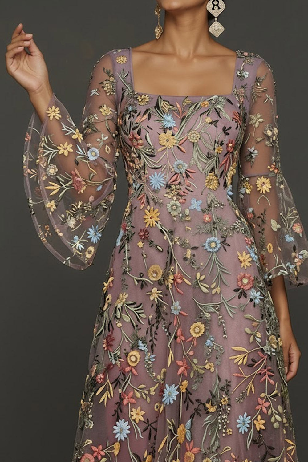 Mauve Floral A Line Embroidered Flutter Sleeves Long Prom Dress