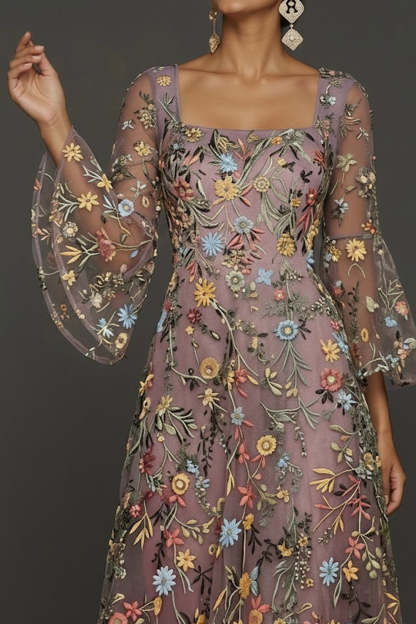 Mauve Floral A Line Embroidered Flutter Sleeves Long Prom Dress