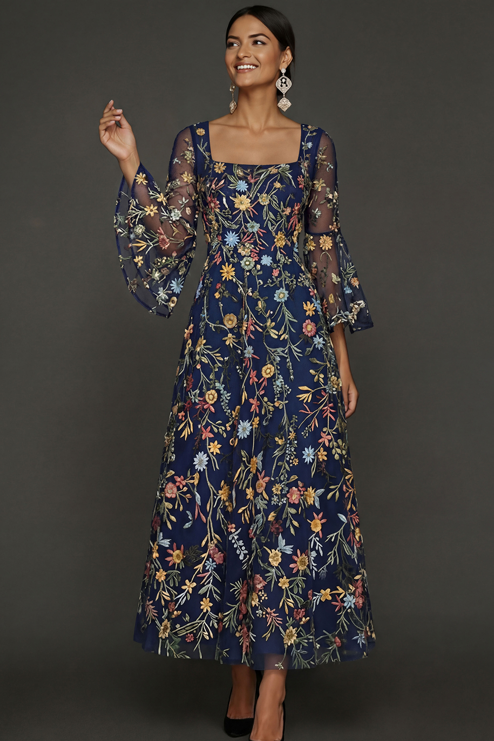 Mauve Floral A Line Embroidered Flutter Sleeves Long Prom Dress