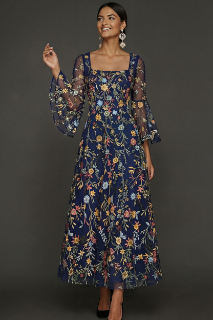 Mauve Floral A Line Embroidered Flutter Sleeves Long Prom Dress