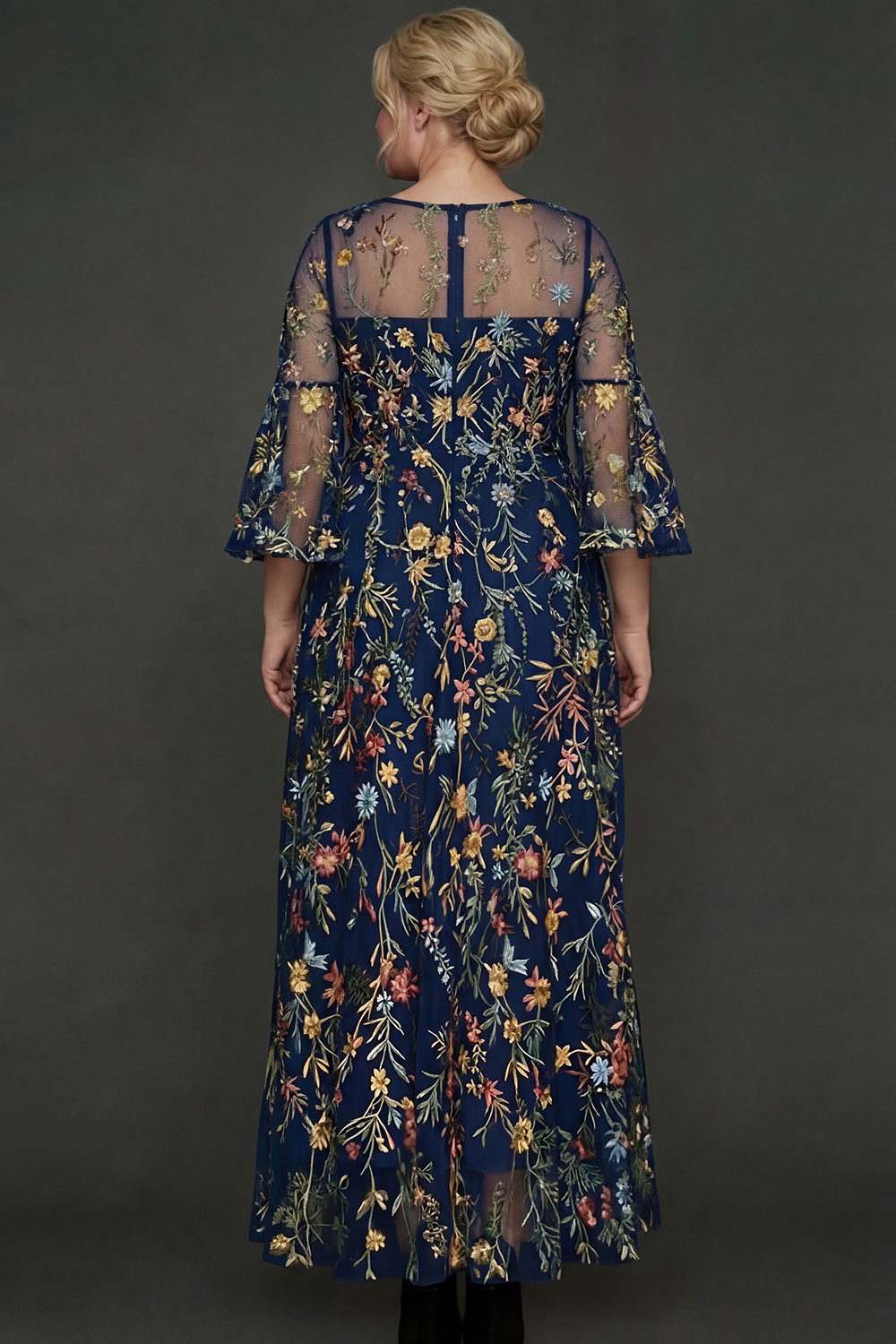 A Line Mauve Floral Embroidered Plus Size Long Prom Dress with Flutter Sleeves