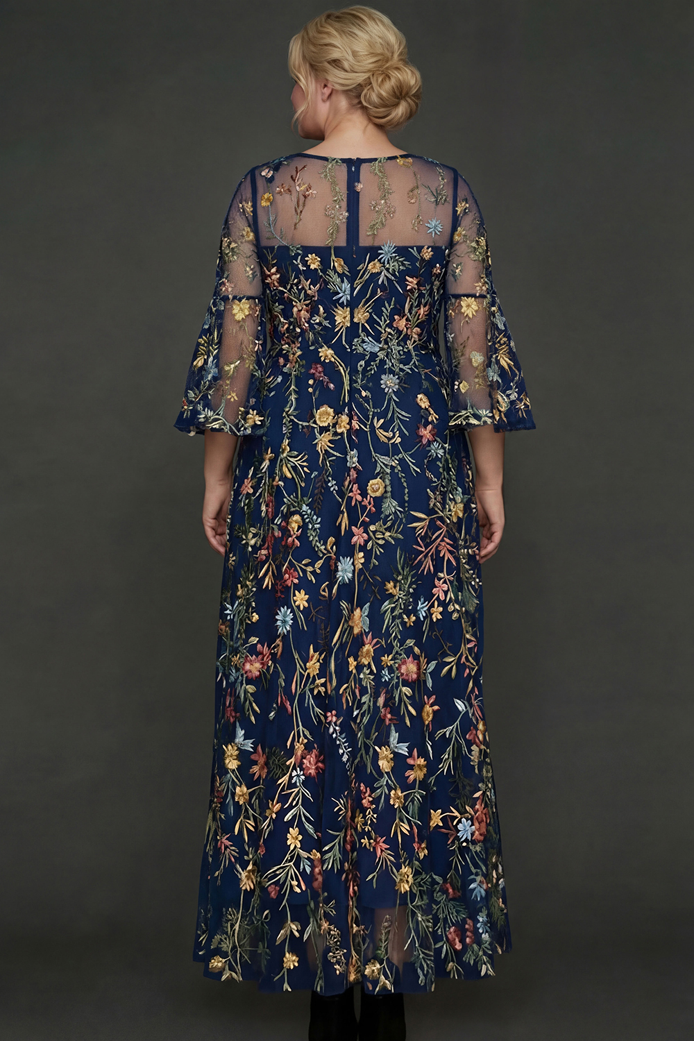 A Line Mauve Floral Embroidered Plus Size Long Prom Dress with Flutter Sleeves