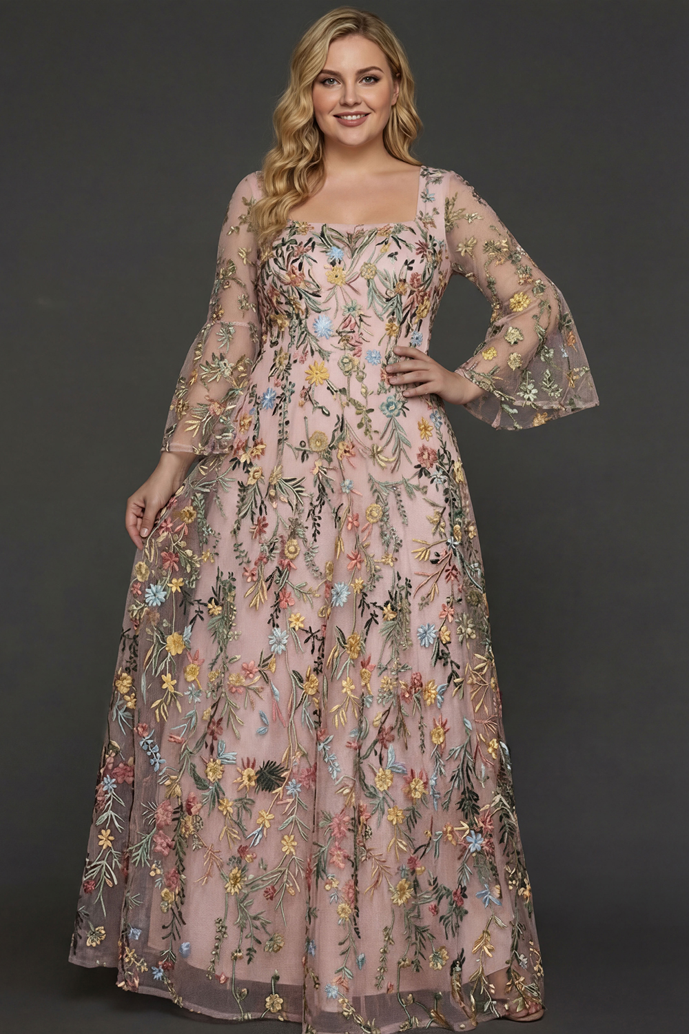 A Line Mauve Floral Embroidered Plus Size Long Prom Dress with Flutter Sleeves
