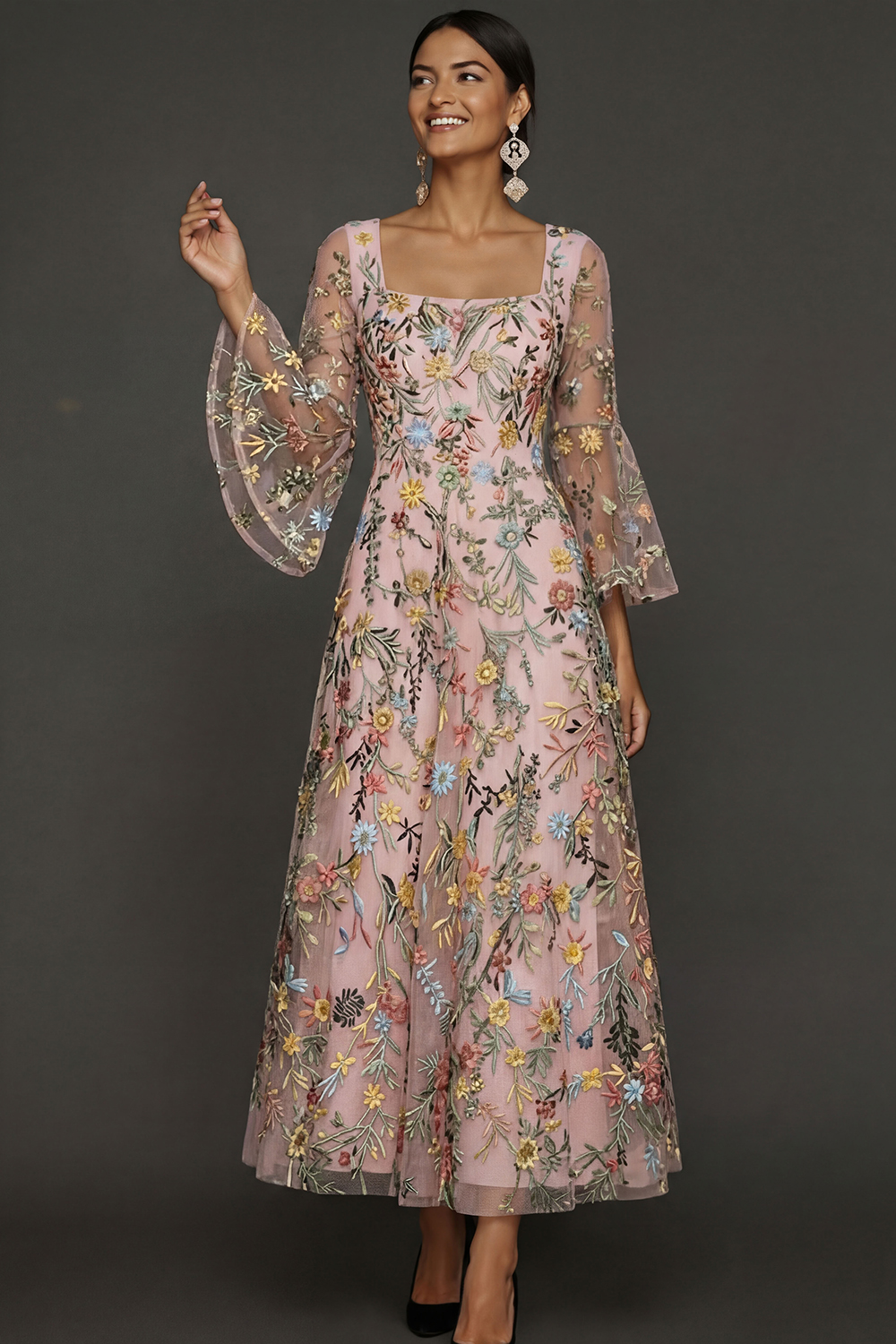 Mauve Floral A Line Embroidered Flutter Sleeves Long Prom Dress