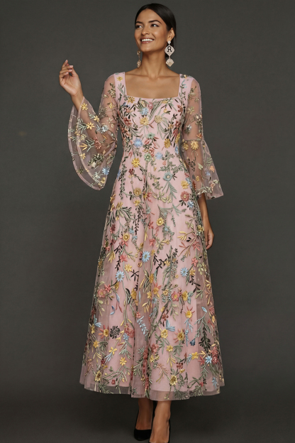 Mauve Floral A Line Embroidered Flutter Sleeves Long Prom Dress