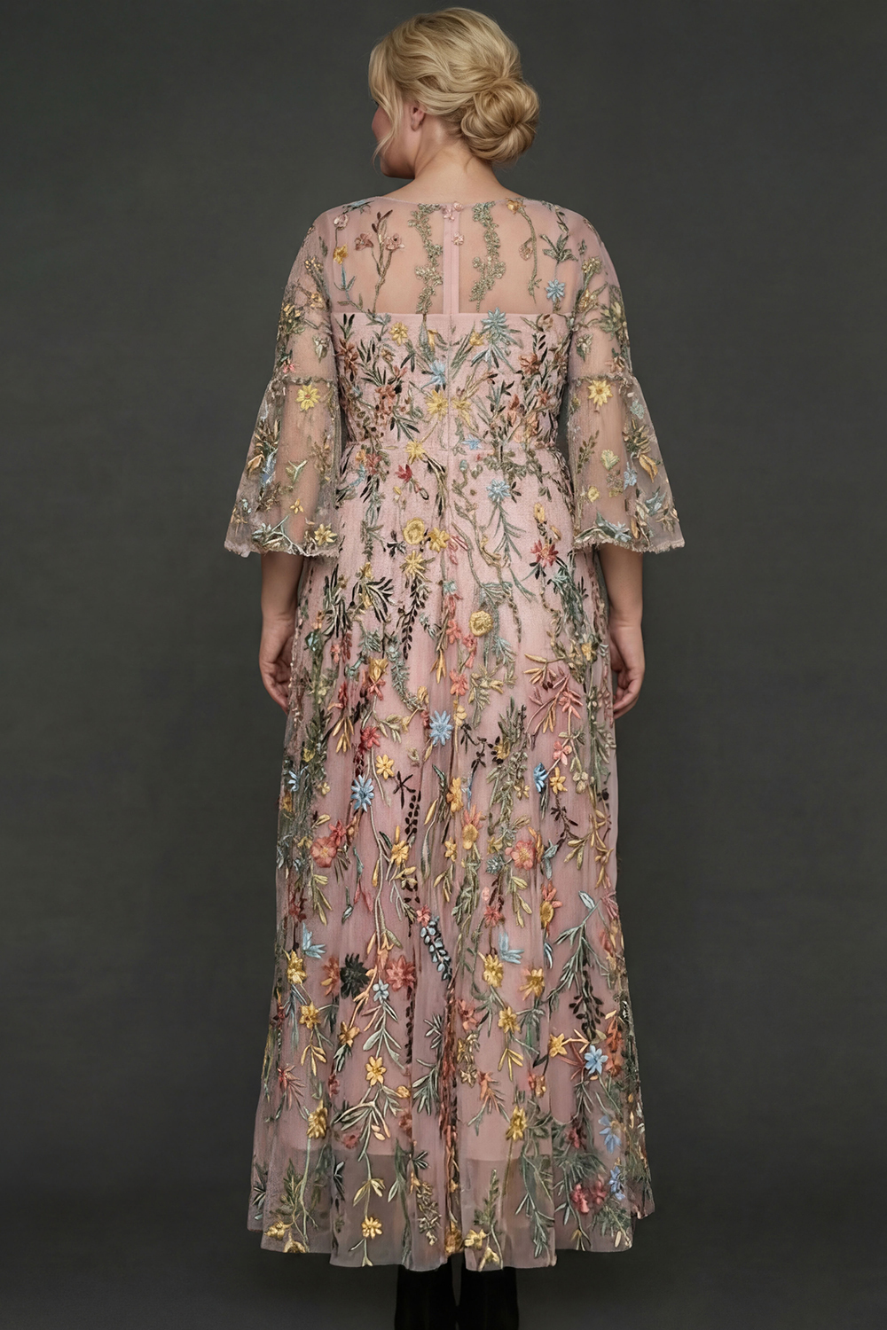 A Line Mauve Floral Embroidered Plus Size Long Prom Dress with Flutter Sleeves