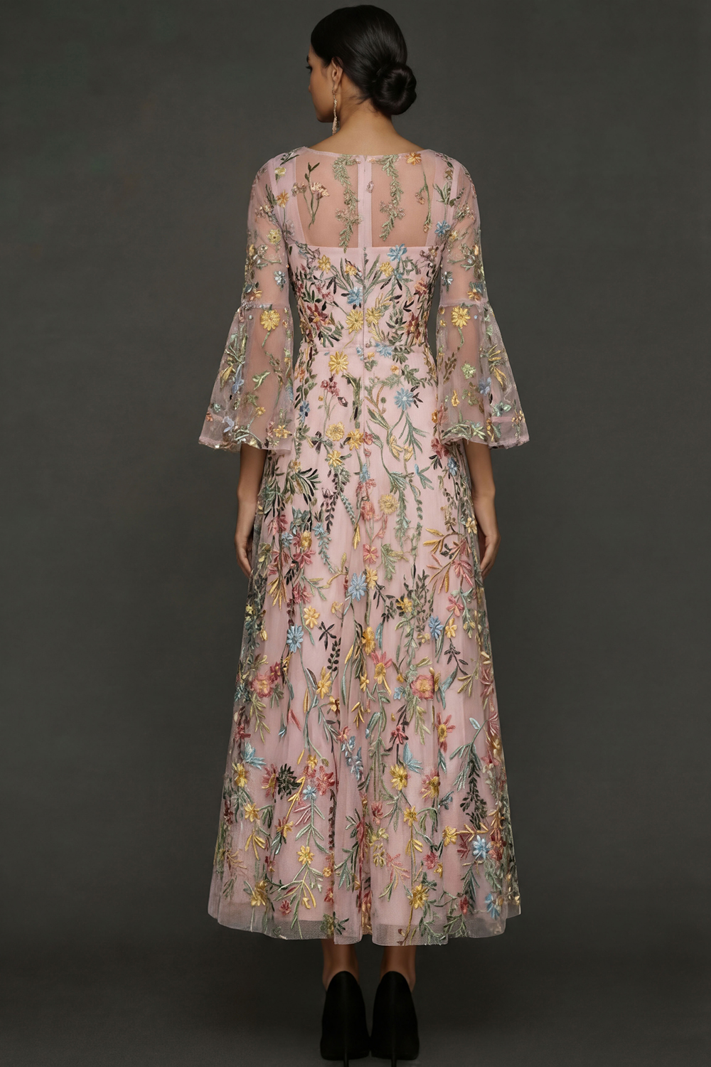 Mauve Floral A Line Embroidered Flutter Sleeves Long Prom Dress
