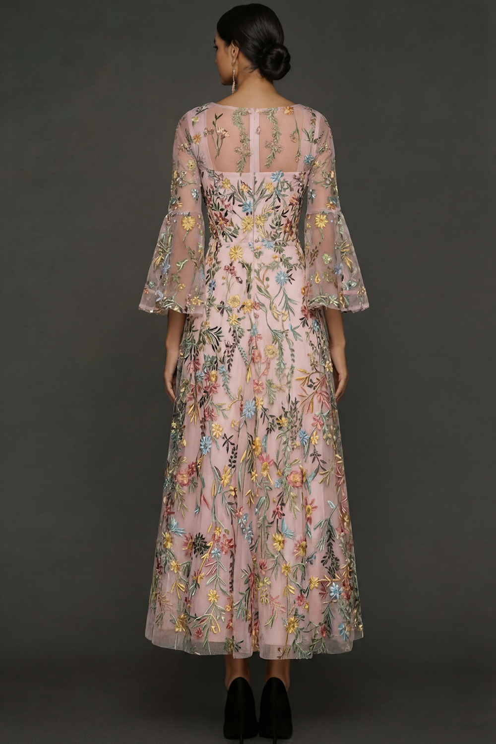 Mauve Floral A Line Embroidered Flutter Sleeves Long Prom Dress
