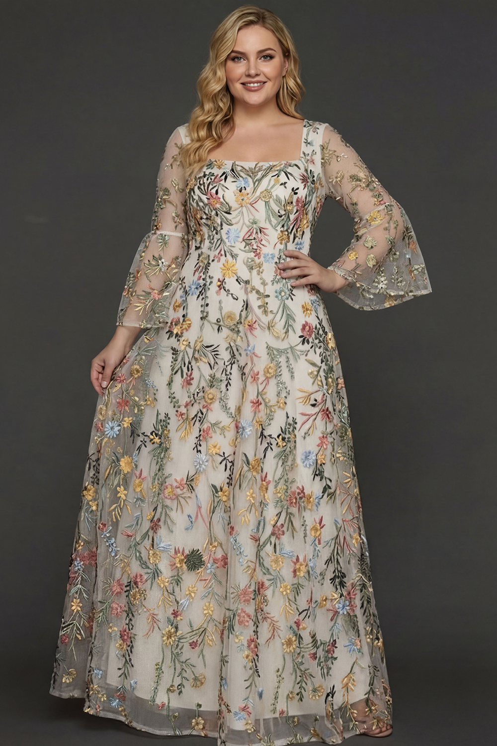 A Line Mauve Floral Embroidered Plus Size Long Prom Dress with Flutter Sleeves