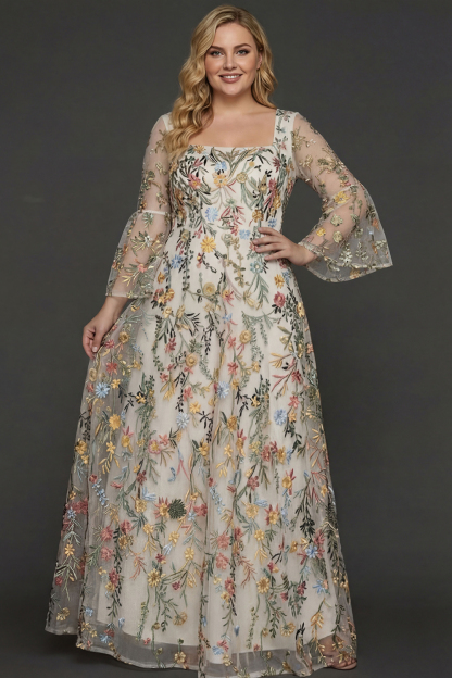 A Line Mauve Floral Embroidered Plus Size Long Prom Dress with Flutter Sleeves
