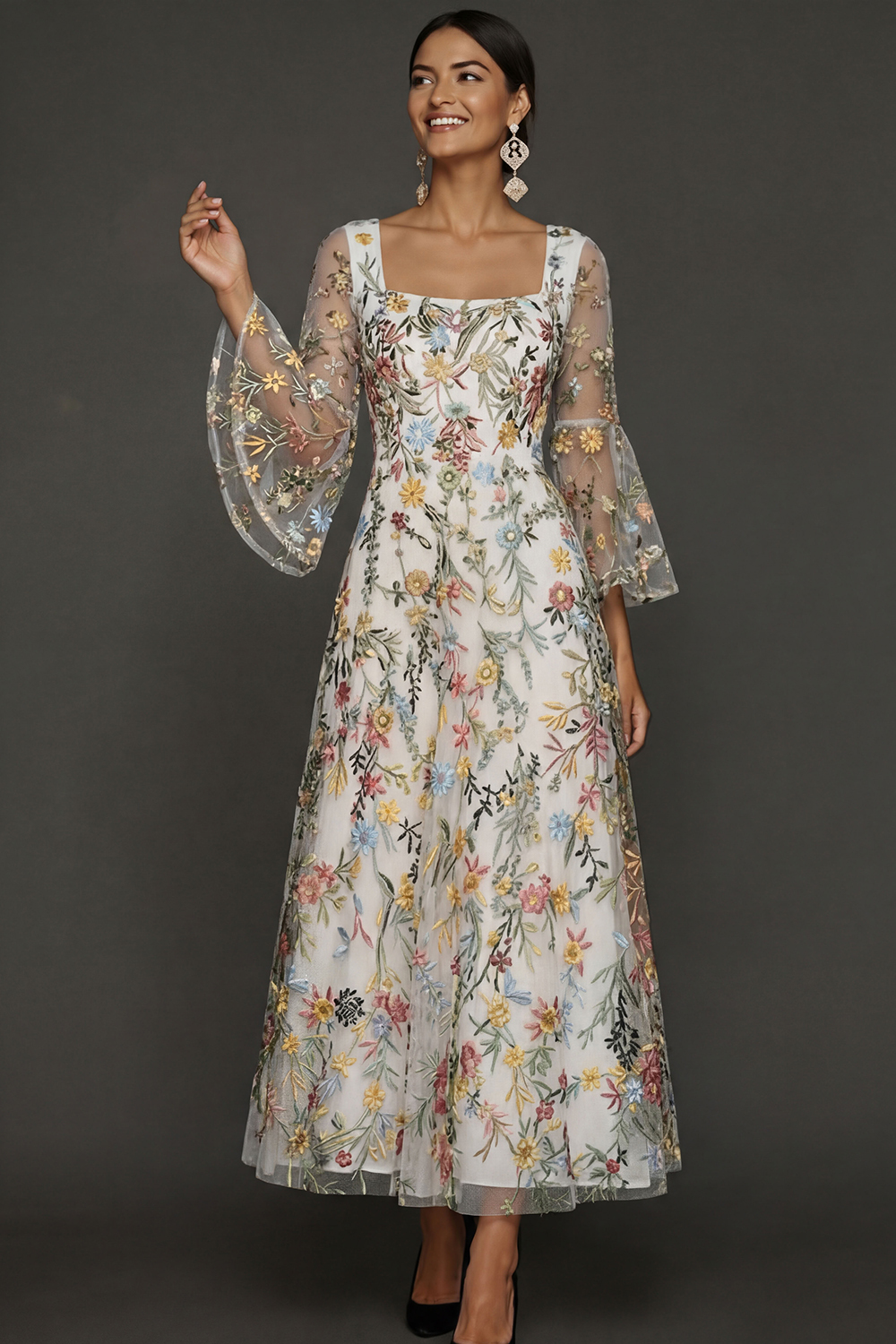 Mauve Floral A Line Embroidered Flutter Sleeves Long Prom Dress