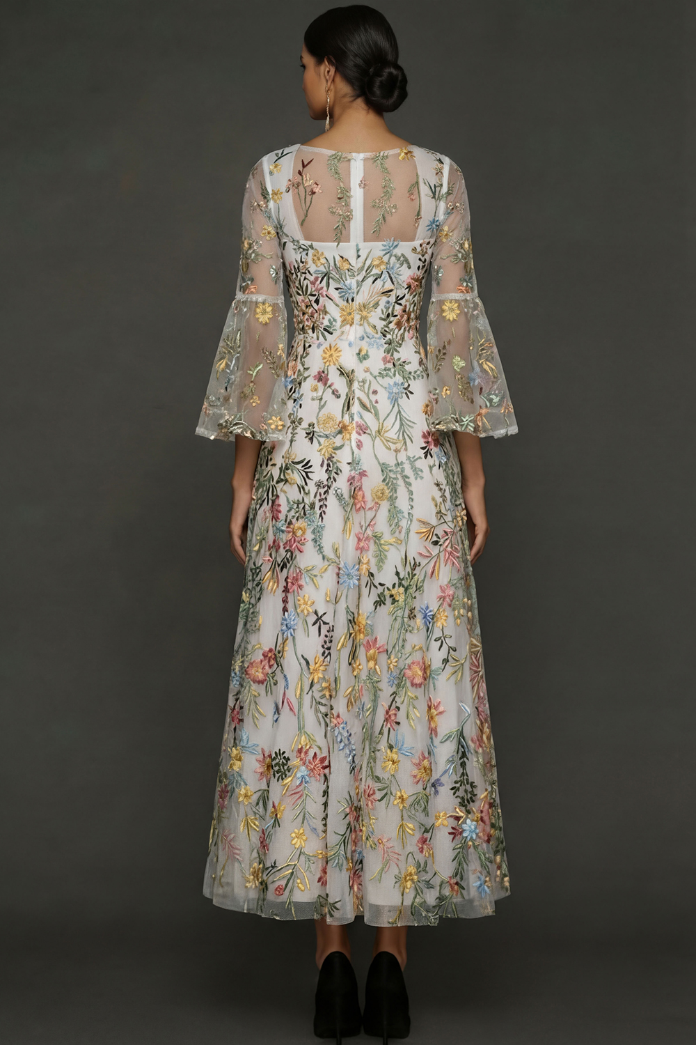 Mauve Floral A Line Embroidered Flutter Sleeves Long Prom Dress