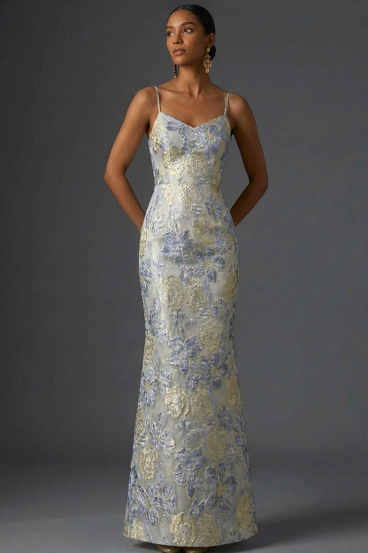 Leely Women Dusty Blue Floral Long Wedding Guest Dress Spaghetti Straps Jacquard Formal Dress