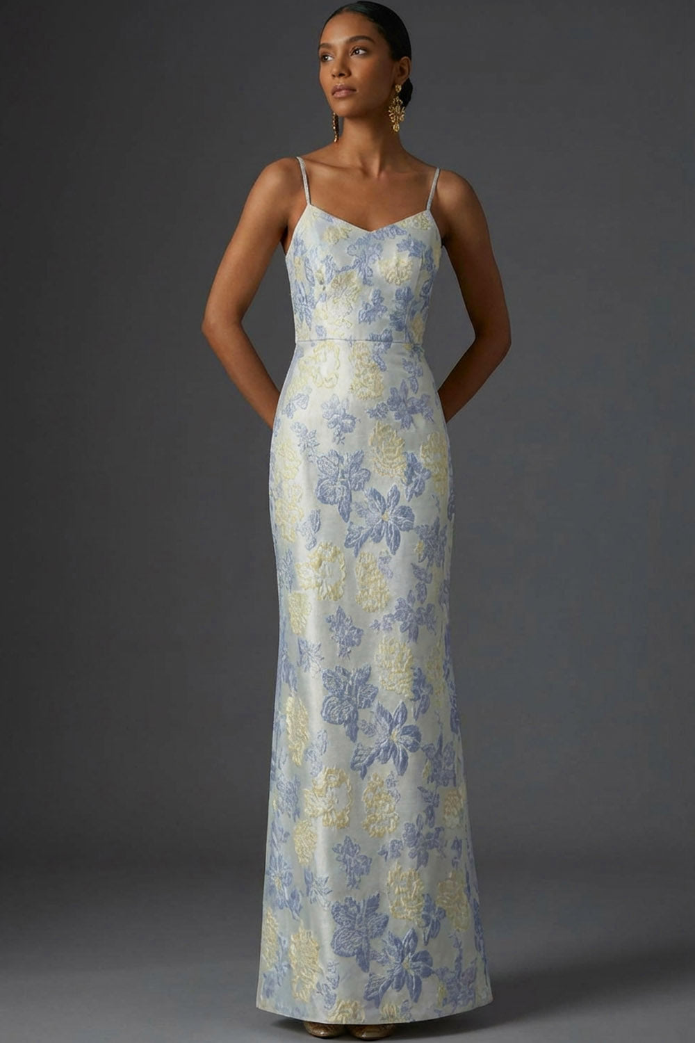 Leely Women Dusty Blue Floral Long Wedding Guest Dress Spaghetti Straps Jacquard Formal Dress