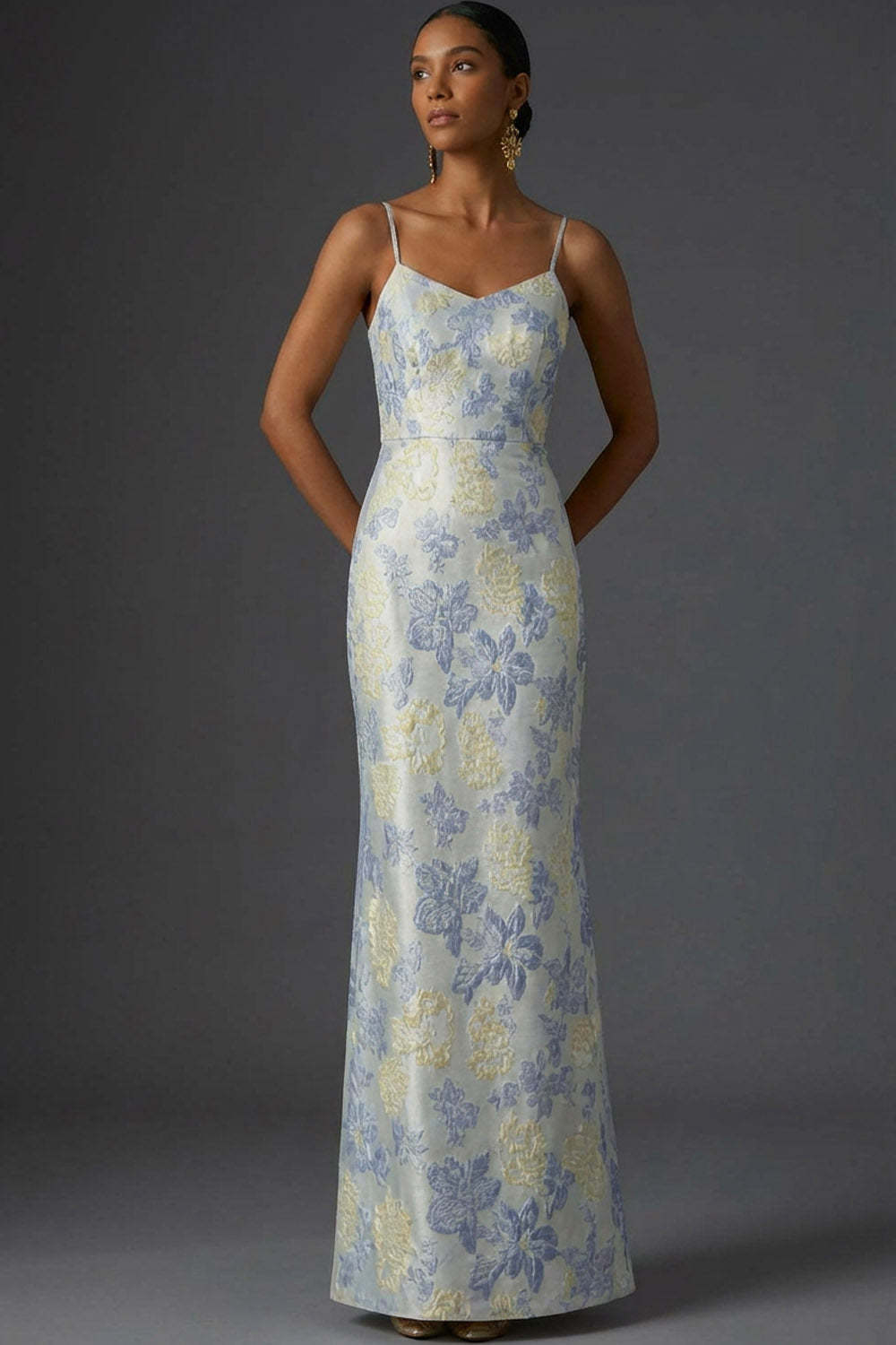 Leely Women Dusty Blue Floral Long Wedding Guest Dress Spaghetti Straps Jacquard Formal Dress