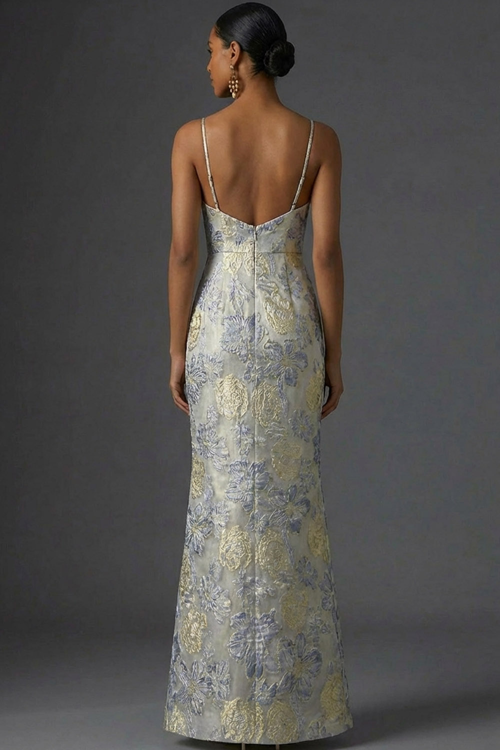 Dusty Blue Floral Mermaid Long Jacquard Wedding Guest Dress