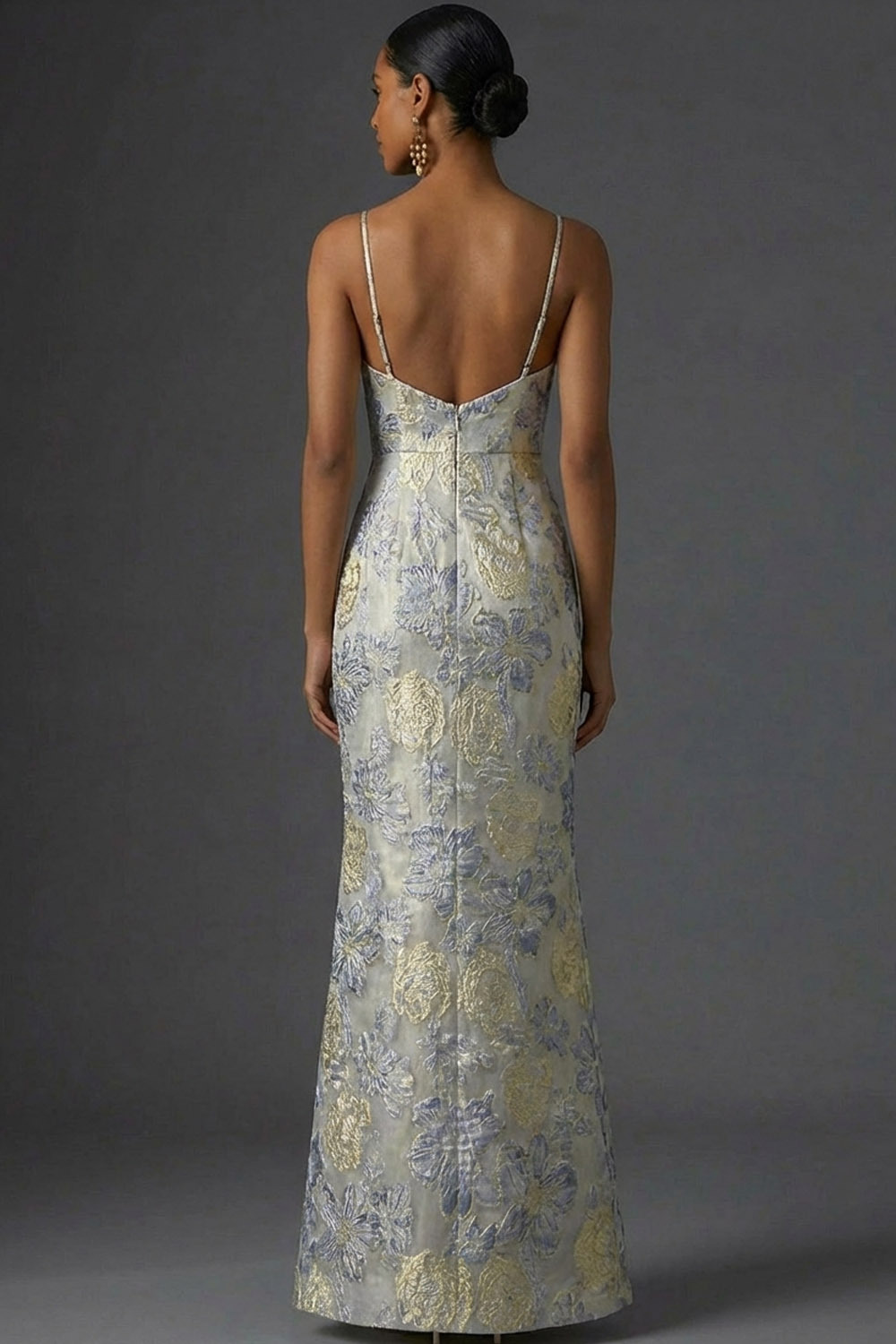 Dusty Blue Floral Mermaid Long Jacquard Wedding Guest Dress