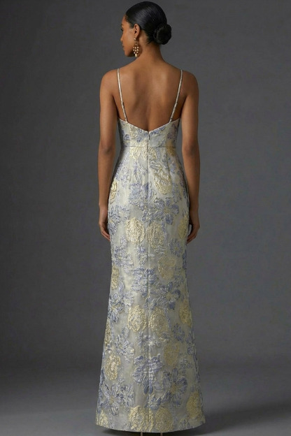 Dusty Blue Floral Mermaid Long Jacquard Wedding Guest Dress