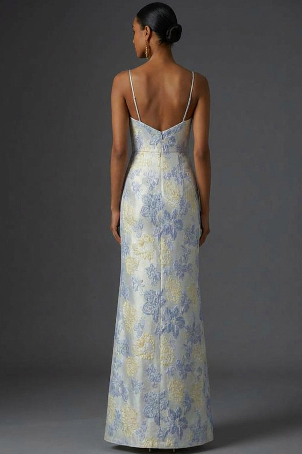 Dusty Blue Floral Mermaid Long Jacquard Wedding Guest Dress