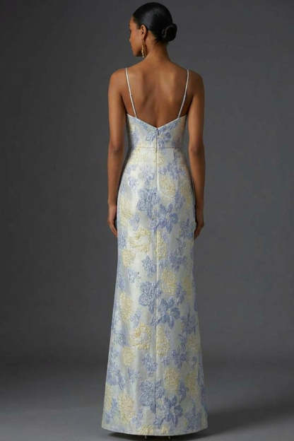 Dusty Blue Floral Mermaid Long Jacquard Wedding Guest Dress